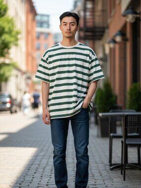 Original Use Green Cream Striped T-Shirt Size Large